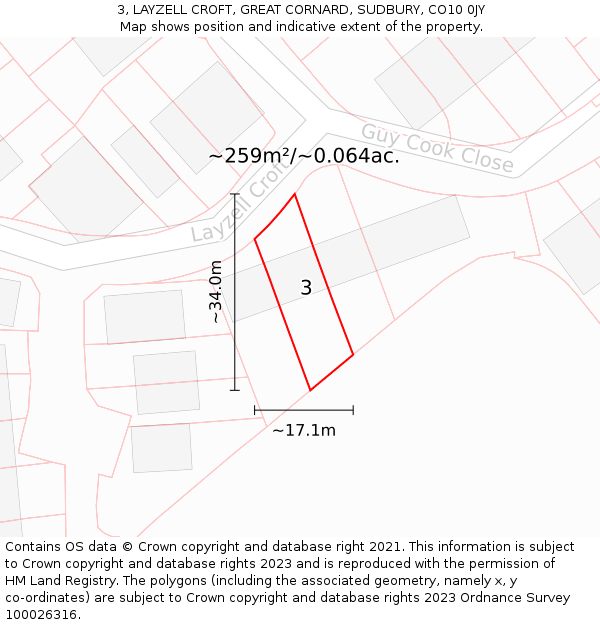 3, LAYZELL CROFT, GREAT CORNARD, SUDBURY, CO10 0JY: Plot and title map