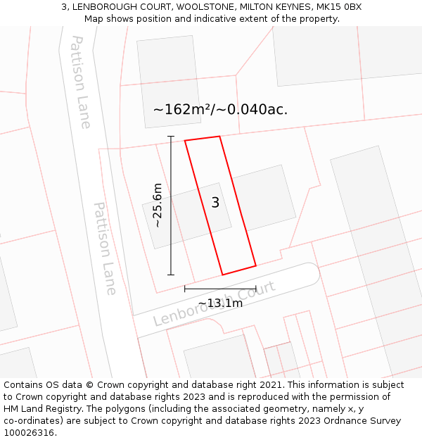 3, LENBOROUGH COURT, WOOLSTONE, MILTON KEYNES, MK15 0BX: Plot and title map