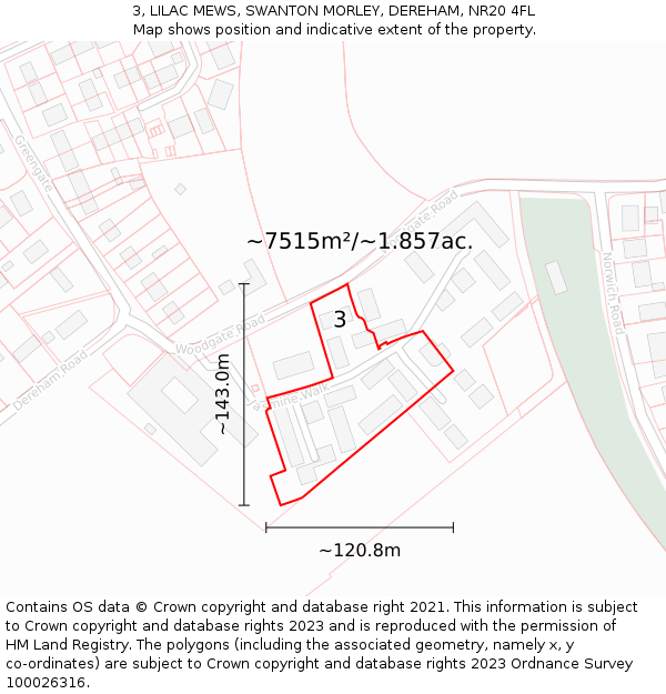 3, LILAC MEWS, SWANTON MORLEY, DEREHAM, NR20 4FL: Plot and title map