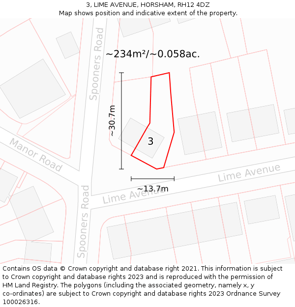 3, LIME AVENUE, HORSHAM, RH12 4DZ: Plot and title map