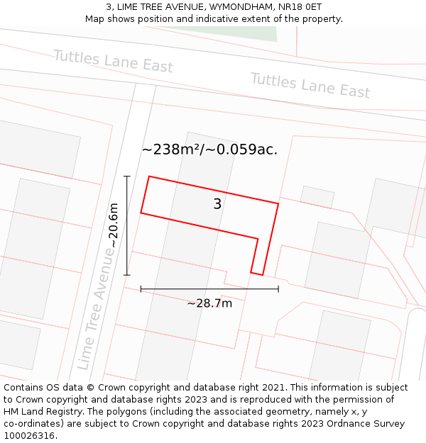 3, LIME TREE AVENUE, WYMONDHAM, NR18 0ET: Plot and title map