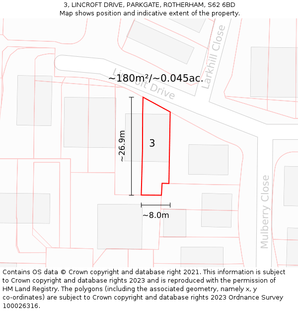 3, LINCROFT DRIVE, PARKGATE, ROTHERHAM, S62 6BD: Plot and title map