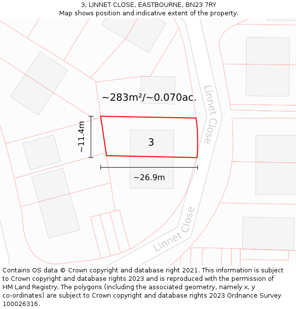 3, LINNET CLOSE, EASTBOURNE, BN23 7RY: Plot and title map