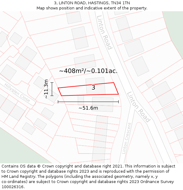 3, LINTON ROAD, HASTINGS, TN34 1TN: Plot and title map