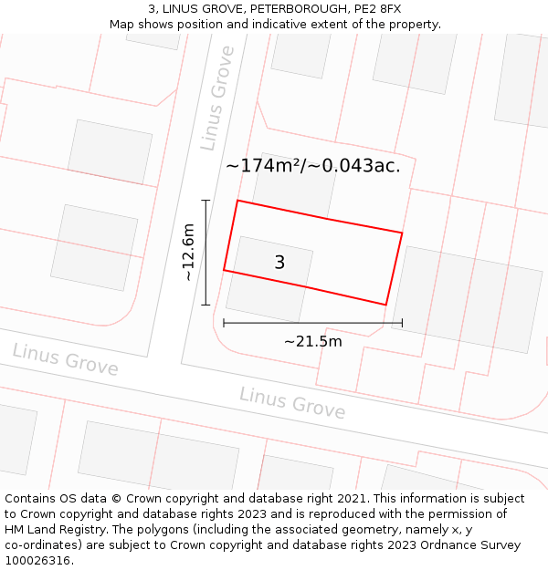 3, LINUS GROVE, PETERBOROUGH, PE2 8FX: Plot and title map