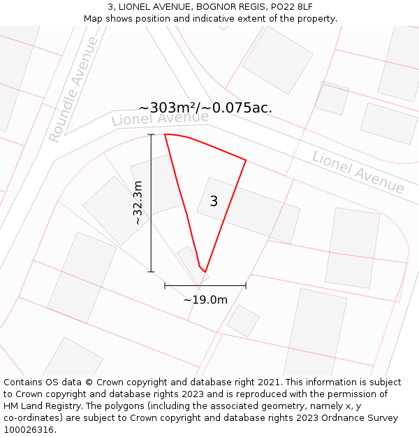 3, LIONEL AVENUE, BOGNOR REGIS, PO22 8LF: Plot and title map