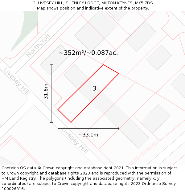 3, LIVESEY HILL, SHENLEY LODGE, MILTON KEYNES, MK5 7DS: Plot and title map