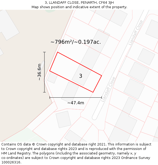 3, LLANDAFF CLOSE, PENARTH, CF64 3JH: Plot and title map