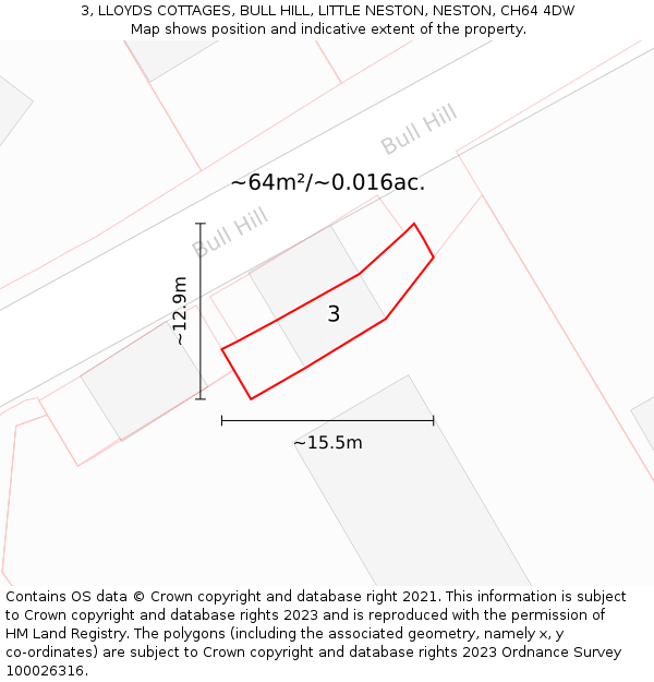 3, LLOYDS COTTAGES, BULL HILL, LITTLE NESTON, NESTON, CH64 4DW: Plot and title map