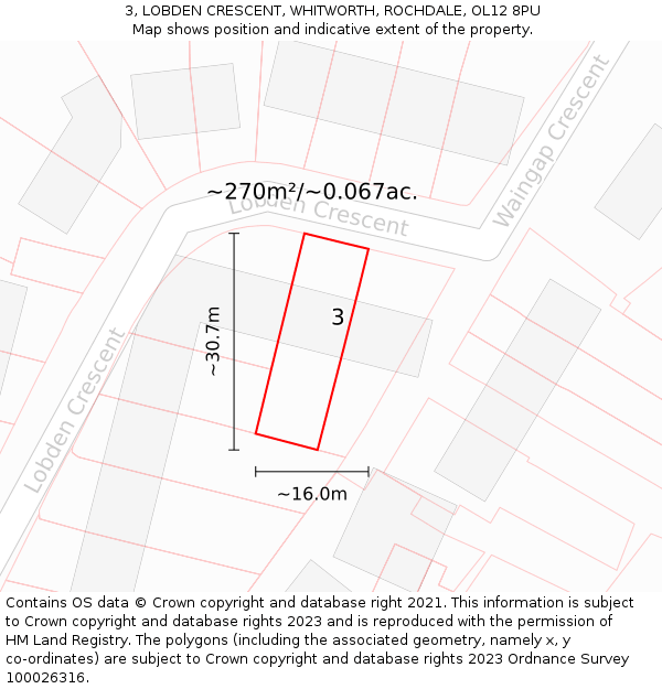 3, LOBDEN CRESCENT, WHITWORTH, ROCHDALE, OL12 8PU: Plot and title map