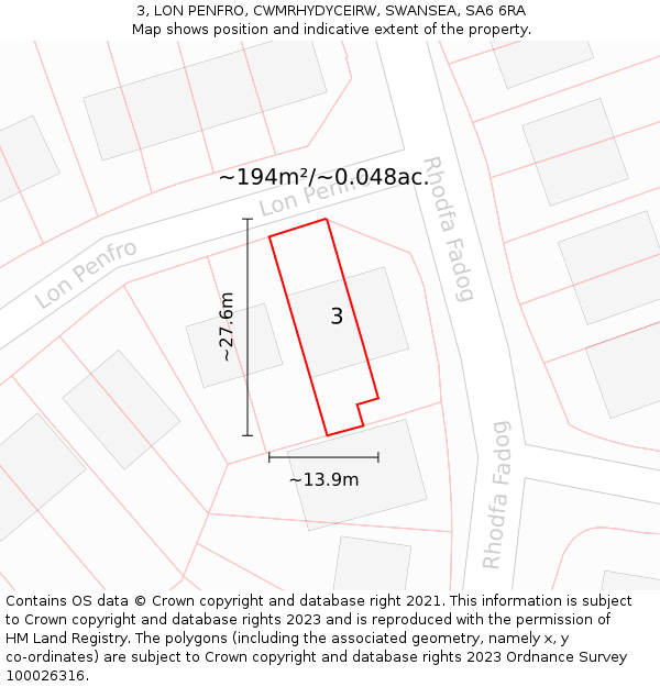 3, LON PENFRO, CWMRHYDYCEIRW, SWANSEA, SA6 6RA: Plot and title map