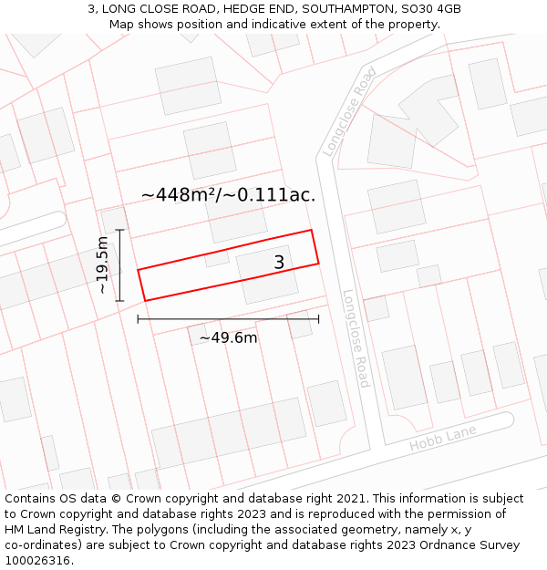 3, LONG CLOSE ROAD, HEDGE END, SOUTHAMPTON, SO30 4GB: Plot and title map