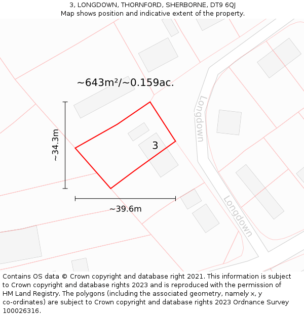 3, LONGDOWN, THORNFORD, SHERBORNE, DT9 6QJ: Plot and title map