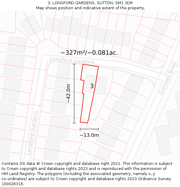 3, LONGFORD GARDENS, SUTTON, SM1 3DR: Plot and title map