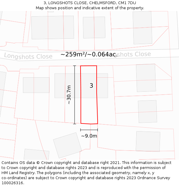 3, LONGSHOTS CLOSE, CHELMSFORD, CM1 7DU: Plot and title map