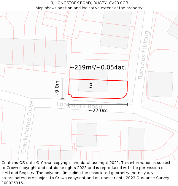 3, LONGSTORK ROAD, RUGBY, CV23 0GB: Plot and title map