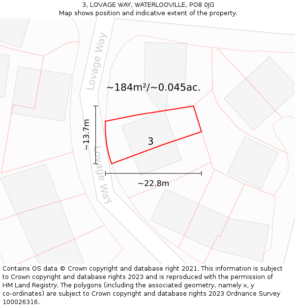 3, LOVAGE WAY, WATERLOOVILLE, PO8 0JG: Plot and title map