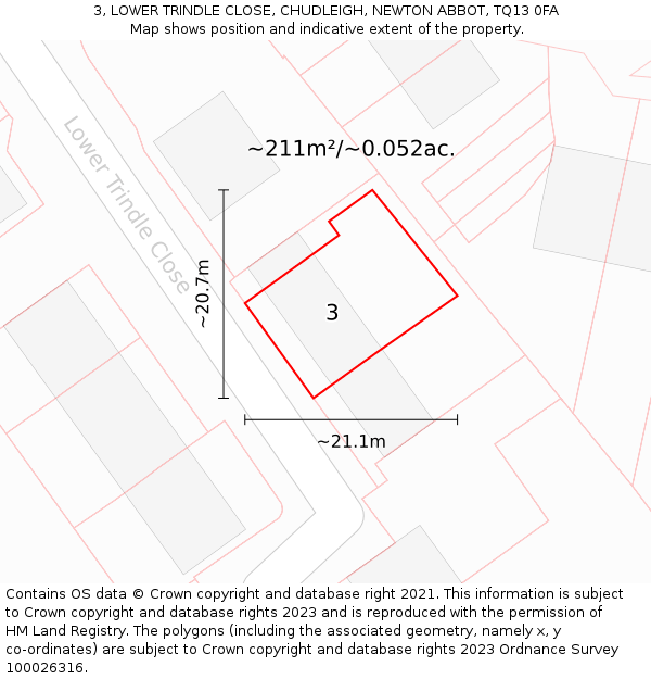 3, LOWER TRINDLE CLOSE, CHUDLEIGH, NEWTON ABBOT, TQ13 0FA: Plot and title map