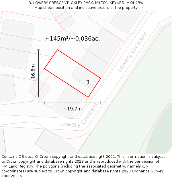 3, LOWERY CRESCENT, OXLEY PARK, MILTON KEYNES, MK4 4BW: Plot and title map