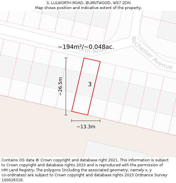 3, LULWORTH ROAD, BURNTWOOD, WS7 2DN: Plot and title map