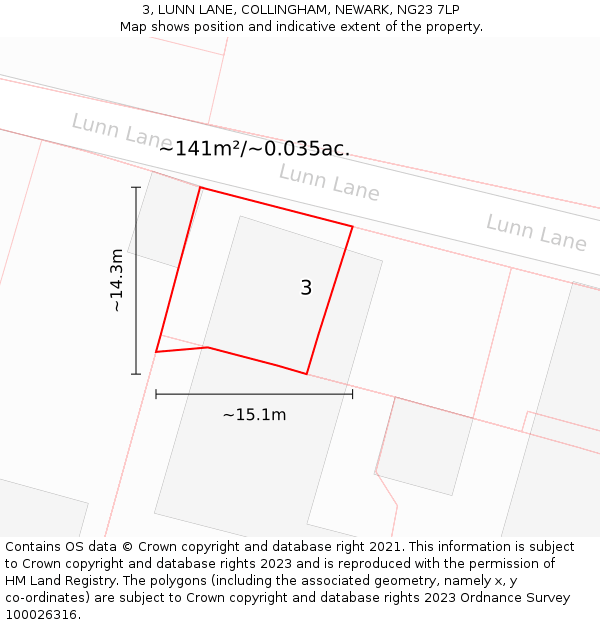 3, LUNN LANE, COLLINGHAM, NEWARK, NG23 7LP: Plot and title map