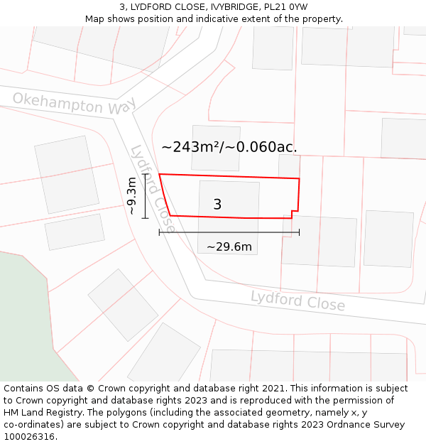 3, LYDFORD CLOSE, IVYBRIDGE, PL21 0YW: Plot and title map