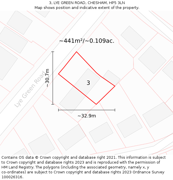 3, LYE GREEN ROAD, CHESHAM, HP5 3LN: Plot and title map