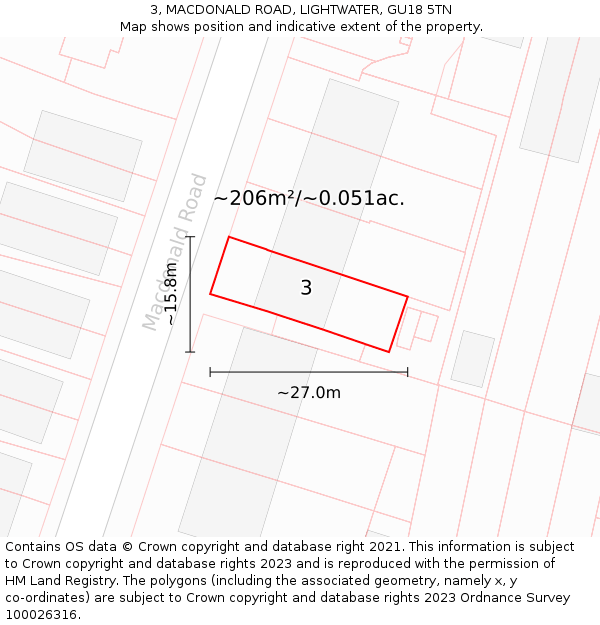 3, MACDONALD ROAD, LIGHTWATER, GU18 5TN: Plot and title map