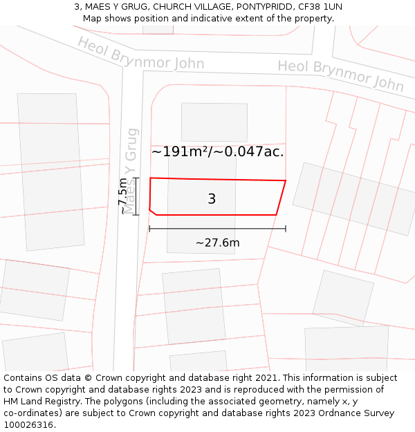 3, MAES Y GRUG, CHURCH VILLAGE, PONTYPRIDD, CF38 1UN: Plot and title map