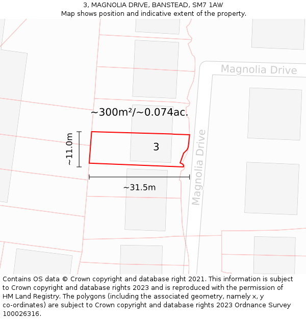 3, MAGNOLIA DRIVE, BANSTEAD, SM7 1AW: Plot and title map