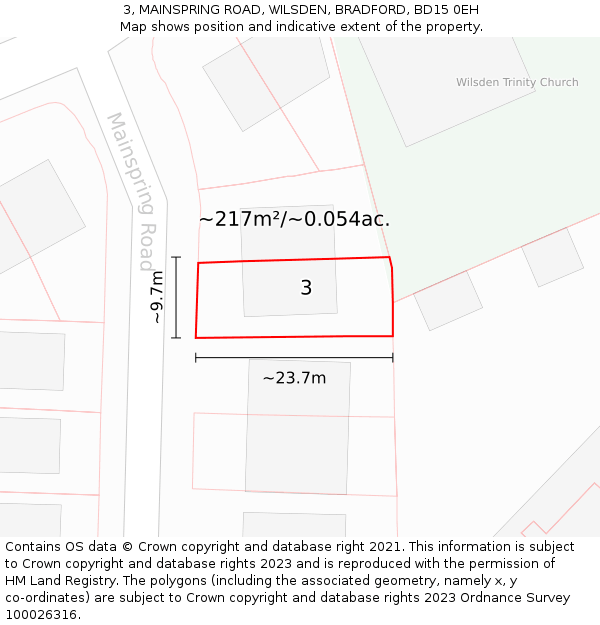 3, MAINSPRING ROAD, WILSDEN, BRADFORD, BD15 0EH: Plot and title map