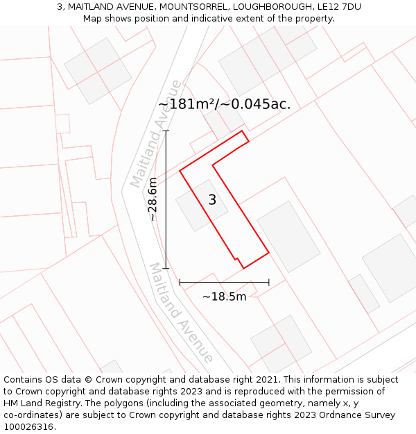 3, MAITLAND AVENUE, MOUNTSORREL, LOUGHBOROUGH, LE12 7DU: Plot and title map