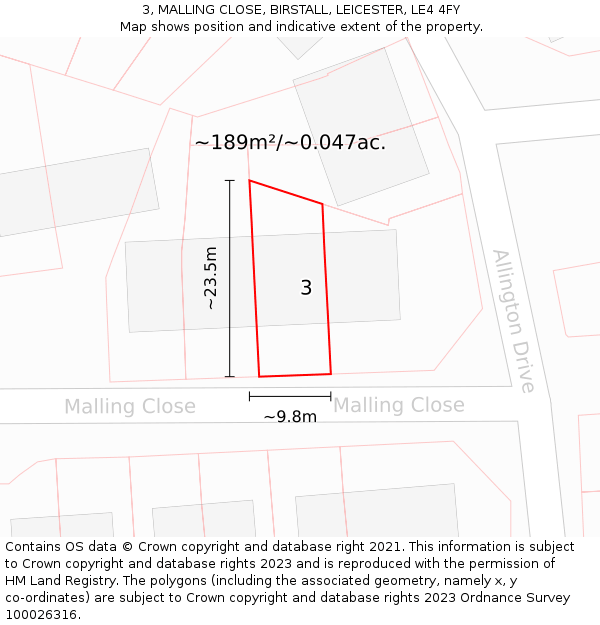 3, MALLING CLOSE, BIRSTALL, LEICESTER, LE4 4FY: Plot and title map