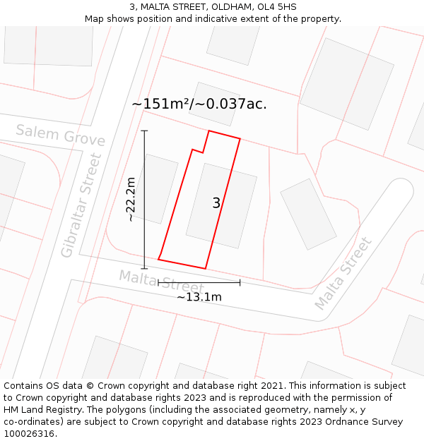 3, MALTA STREET, OLDHAM, OL4 5HS: Plot and title map