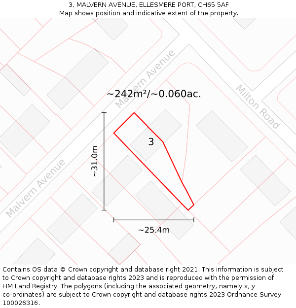 3, MALVERN AVENUE, ELLESMERE PORT, CH65 5AF: Plot and title map