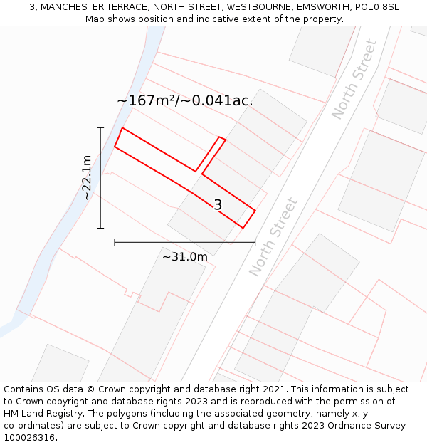 3, MANCHESTER TERRACE, NORTH STREET, WESTBOURNE, EMSWORTH, PO10 8SL: Plot and title map