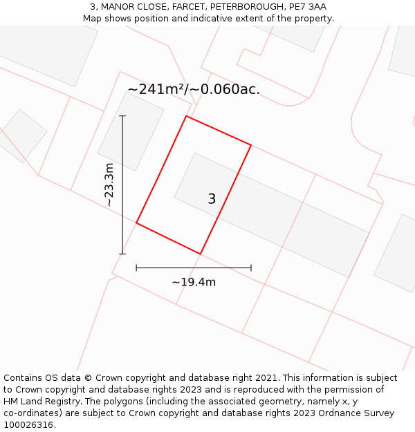 3, MANOR CLOSE, FARCET, PETERBOROUGH, PE7 3AA: Plot and title map