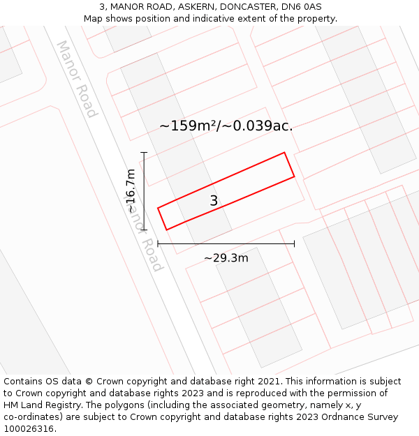 3, MANOR ROAD, ASKERN, DONCASTER, DN6 0AS: Plot and title map