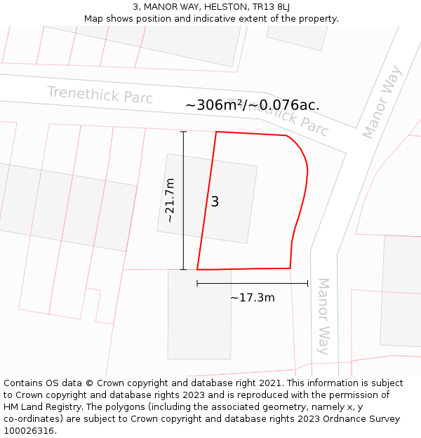 3, MANOR WAY, HELSTON, TR13 8LJ: Plot and title map