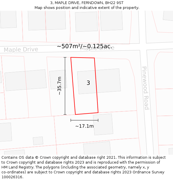 3, MAPLE DRIVE, FERNDOWN, BH22 9ST: Plot and title map