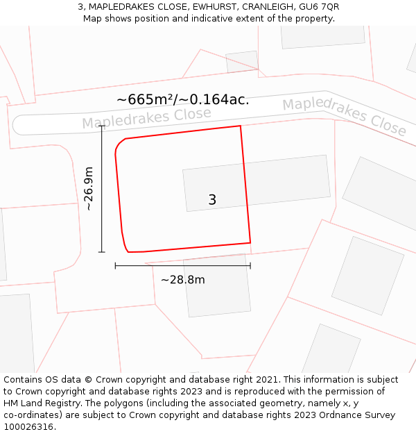 3, MAPLEDRAKES CLOSE, EWHURST, CRANLEIGH, GU6 7QR: Plot and title map