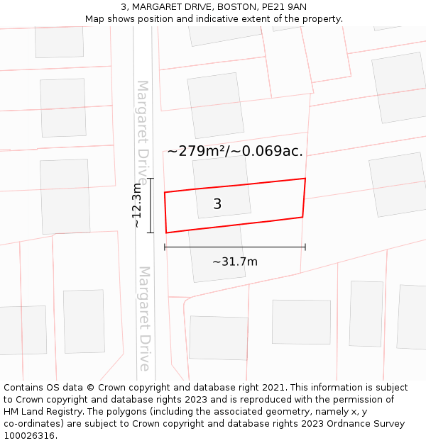 3, MARGARET DRIVE, BOSTON, PE21 9AN: Plot and title map