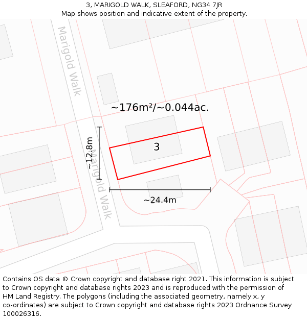 3, MARIGOLD WALK, SLEAFORD, NG34 7JR: Plot and title map