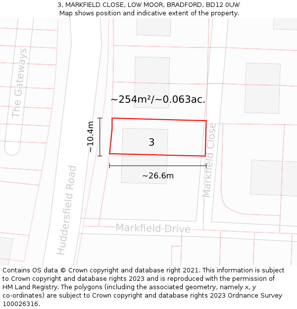 3, MARKFIELD CLOSE, LOW MOOR, BRADFORD, BD12 0UW: Plot and title map