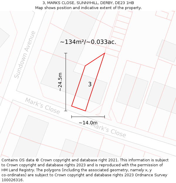 3, MARKS CLOSE, SUNNYHILL, DERBY, DE23 1HB: Plot and title map