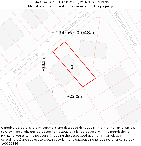 3, MARLOW DRIVE, HANDFORTH, WILMSLOW, SK9 3NE: Plot and title map