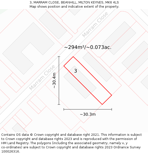 3, MARRAM CLOSE, BEANHILL, MILTON KEYNES, MK6 4LS: Plot and title map