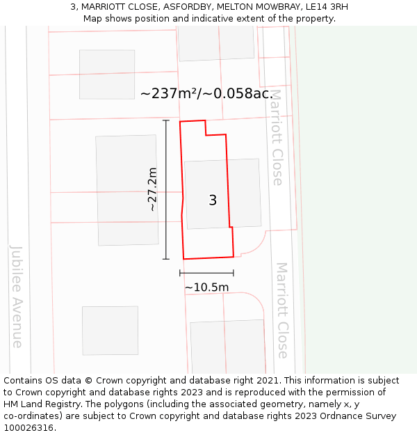 3, MARRIOTT CLOSE, ASFORDBY, MELTON MOWBRAY, LE14 3RH: Plot and title map