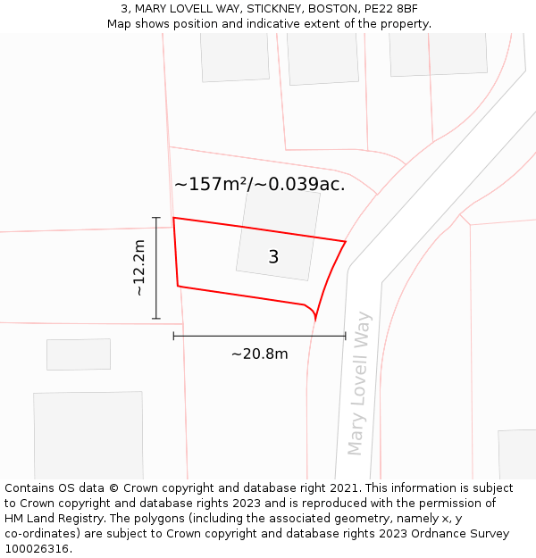 3, MARY LOVELL WAY, STICKNEY, BOSTON, PE22 8BF: Plot and title map