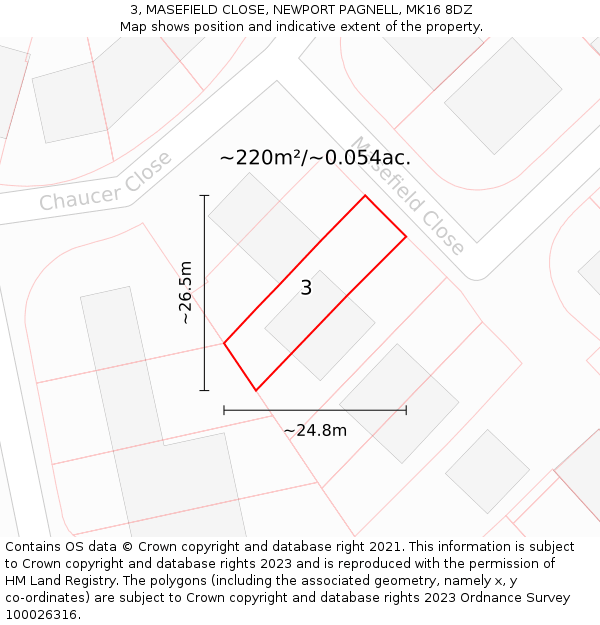 3, MASEFIELD CLOSE, NEWPORT PAGNELL, MK16 8DZ: Plot and title map